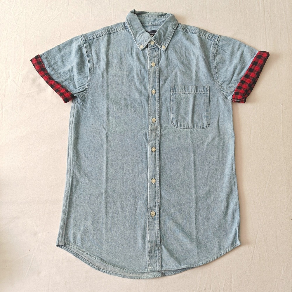 Topman Mens Small Light Wash Denim Short Sleeve Plaid Cuff Button Down Shirt